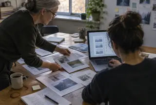 Senior strategist and designer refining printed campaign mockups beside a laptop in a softly lit proofing room.